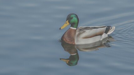 Obraz premium Male mallard duck swims peacefully on a serene lake reflecting vibrant colors in the calm water - Low Contrast