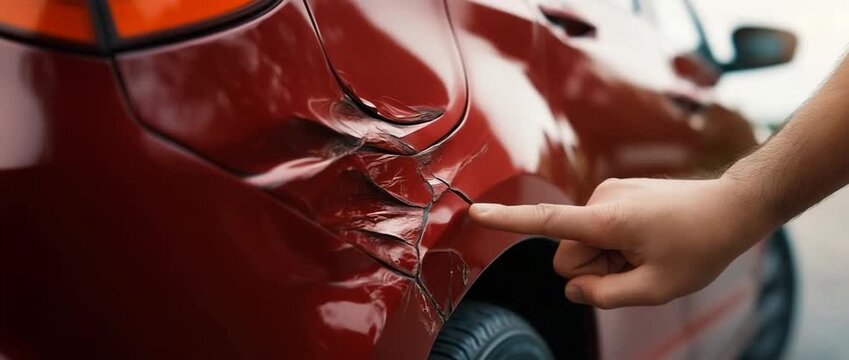 Close-up video of a man inspecting deep scratch and dent on red car body panel &ndash; video for car insurance services, accident claims, automotive repair marketing, and safety awareness content