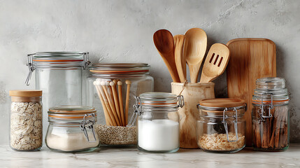 An assortment of glass jars filled with various ingredients and wooden kitchen utensils, creating a rustic and organized kitchen storage scene