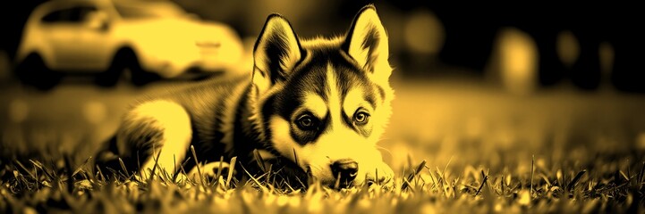 Cute husky puppy laying on grass with soft sunlight filtering through trees in a tranquil park setting