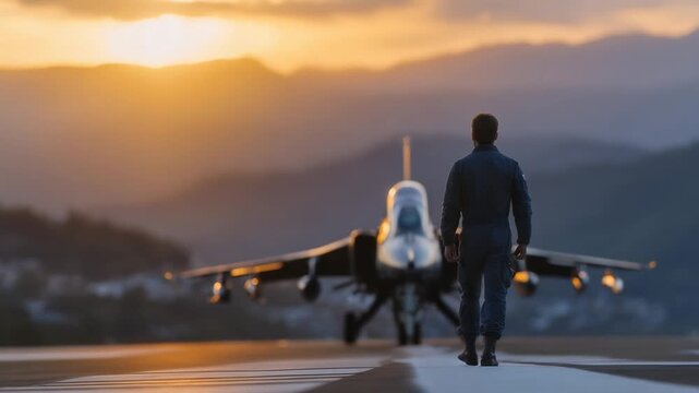 A lone pilot walks towards a jet on a dawn-lit airbase runway, embodying courage and determination in a cinematic scene.