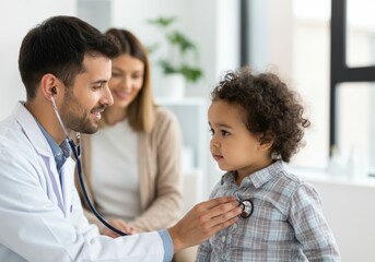 Pediatrician examining young boy with stethoscope in bright, welcoming clinic environment