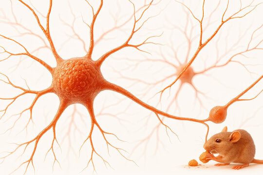 Microscopic view of orange neuron branches reaching out to a small brown mouse nibbling on food pellets, symbolizing scientific research and discovery.