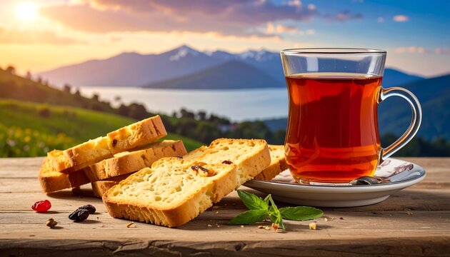 A tranquil scene with a cup of tea, rusk biscuits, and a mountain lake landscape under a sunset sky