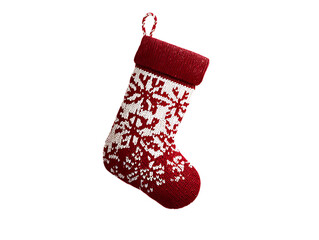 Burgundy knitted christmas stocking with snowflake isolated on transparent background