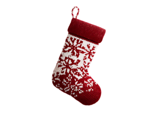 Burgundy knitted christmas stocking with snowflake isolated on transparent background