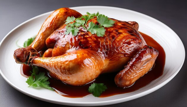 Roasted Spatchcock Chicken With Bbq Glaze And Parsley Garnish On White Plate - Powered by Adobe