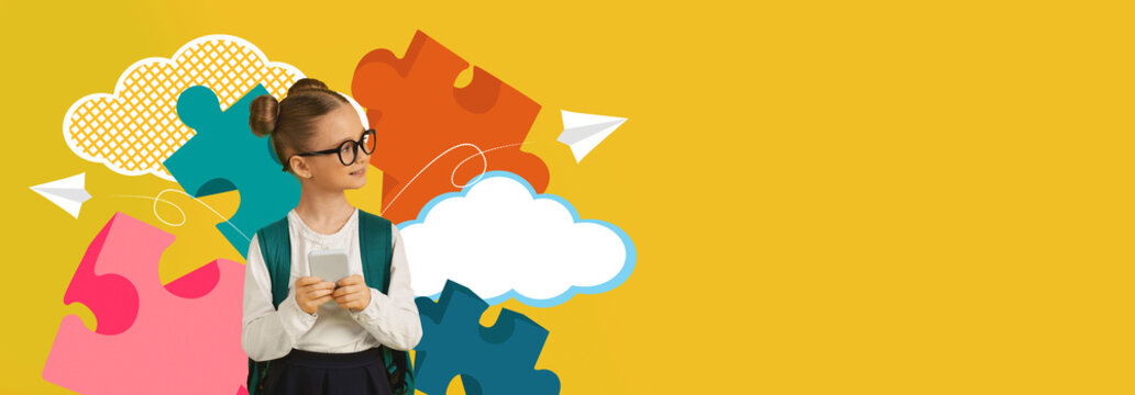 A young child stands with a backpack, holding a smartphone and looking inspired. Bright puzzle pieces and clouds create a vibrant school-themed background, celebrating creativity and learning. - Powered by Adobe