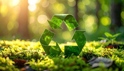 Green foliage recycling symbol on a sunlit forest floor, promoting sustainability, nature conservation, and environmental responsibility.