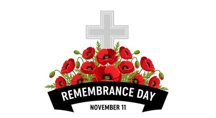 Honoring the fallen on remembrance day a poignant illustration with vibrant red poppies, symbolizing peace and gratitude, beside a solemn memorial cross