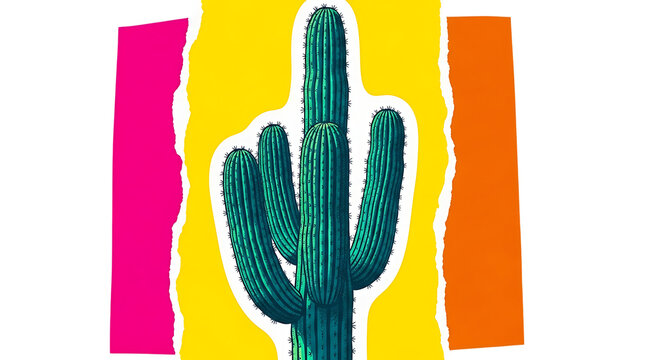 Illustration of vibrant saguaro cactus with colorful torn paper elements isolated on transparent background