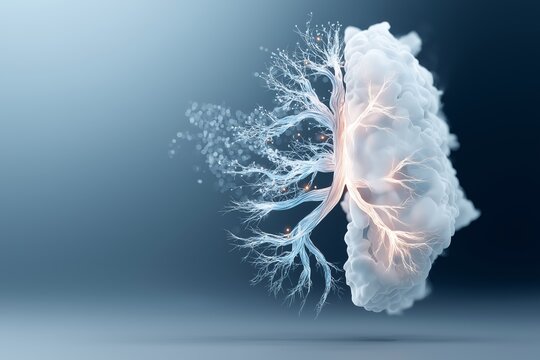 A glowing digital brain composed of neural connections symbolizing data flow, artificial intelligence, and the power of human innovation, Generative AI