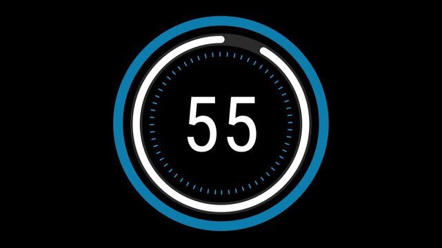 60-second (1-minute) sleek blue and white countdown with a rotating dashed inner ring, a pulsating outer circle, and a decreasing time gauge on a black background. 4K Motion Graphics.