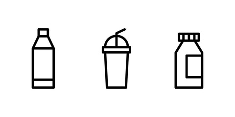 Water bottle icon, takeaway drink cup with straw icon, milk bottle icon, beverage and container outline vector illustration set, Vector illustrator.