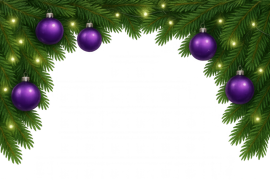 Christmas frame with festive purple ornaments and realistic pine branches, featuring bright lights on transparent background