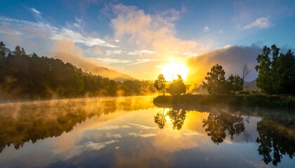 A tranquil sunrise over a misty lake, with golden light illuminating the landscape. Trees and hills are mirrored