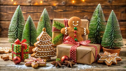 Festive Flat Lay with Wrapped Presents and Gingerbread Men