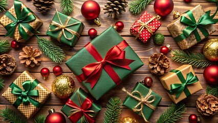 Flat Lay of Christmas Gifts in Red, Green, and Gold Themes