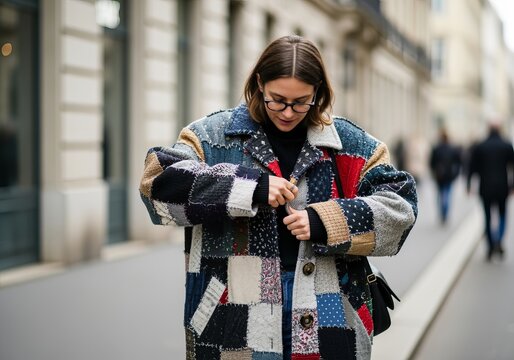 Stylish young woman adjusting colorful patchwork coat on city street