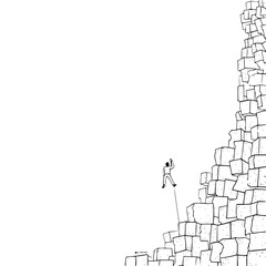 Person climbing a tall structure made of blocks with a rope in a black and white drawing style image