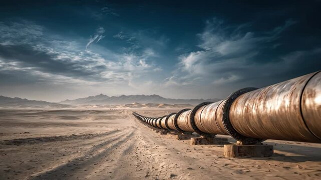 Desert Landscape View Of Long Rusty Industrial Pipeline Under Dramatic Cloudy Sky Scenic Perspective Metal Texture And Remote Atmosphere