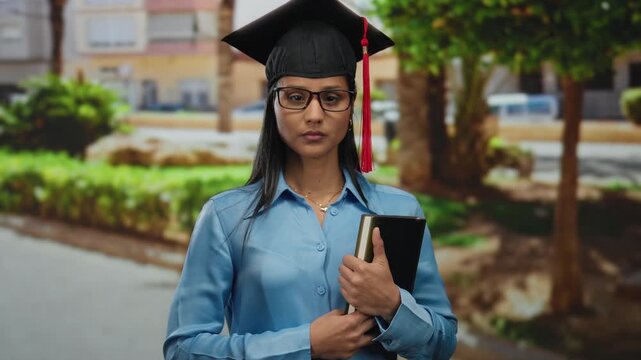 Young woman wearing a graduation cap and glasses in a park, holding a book confidently, showcasing a blend of achievement and contemplation in an outdoor setting.