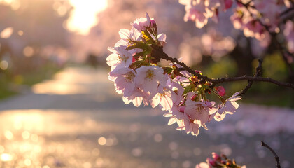 Close-up of apple blossoms in soft pink and white hues, sunlit on a tree branch with a blurred orchard background, evoking springtime renewal and natural beauty.