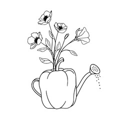 Flowers in a pepper shaped watering can with water droplets in a black and white outline drawing style