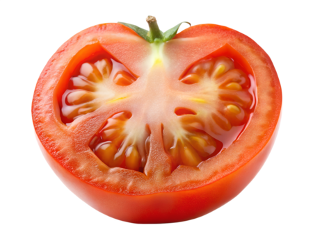 A juicy, ripe red tomato sliced in half, revealing its internal structure and seeds, isolated on transparent background