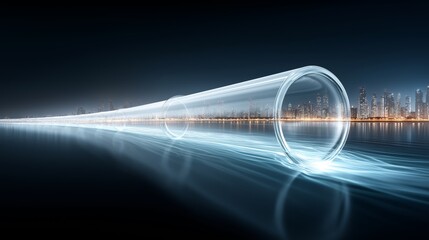 A futuristic glowing water pipeline extending toward a modern city skyline representing fluid connectivity, smart infrastructure, and sustainable energy transfer, Generative AI