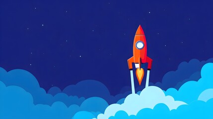 Illustration of a rocket in space concept. Flat illustration of a rocket in space with clouds, stars and planets