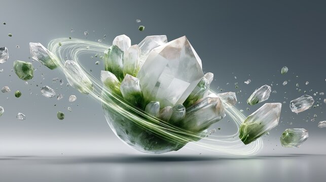 Surreal crystal planet with green mineral formations and orbiting ring symbolizing fantasy cosmic design and abstract futuristic universe concept, Generative AI