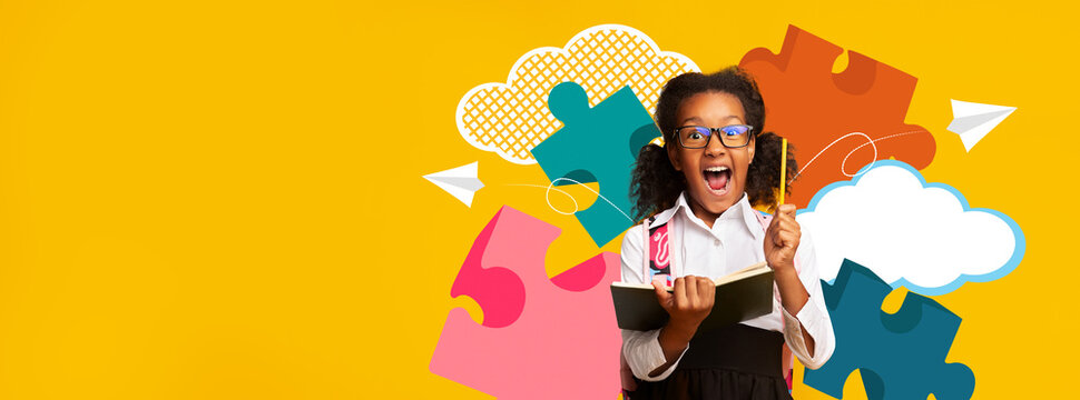 A joyful child with glasses celebrates a moment of discovery in a colorful school collage. Surrounded by puzzle pieces, clouds, and paper airplanes, the setting is vibrant and imaginative. - Powered by Adobe