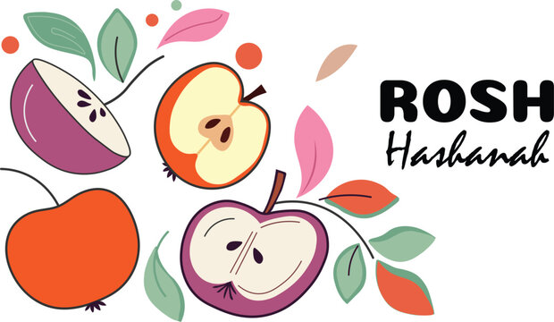 Shanah Tova banner with hand-drawn coloring of apples. Vector background for Jewish New Year, Rosh Hashanah