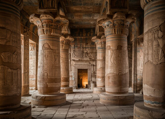 Ancient Egyptian temple interior with grand pillars and hieroglyphics leading to a dimly lit chamber.
