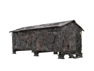 Post apocalyptic shelter building constructed from scrap metal with a lantern outside the door. Isolated 3D render.