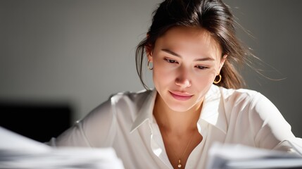 Woman with long brown hair reviewing documents in a professional setting