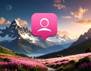 Mountain vista with pink flower field and social media icon