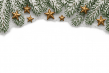 Christmas border decoration using pine branches with snow and golden stars, having a transparent background