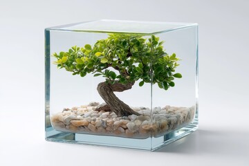 Modern bonsai tree enclosed in glass cube symbolizing preserved nature eco art and contemporary stylish design, Generative AI