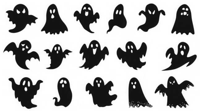 halloween ghost vector illustration featuring a set of unique silhouettes of ghost designs. Perfect for Halloween, this set includes traditional and abstract ghost, pumpkins and skeleton hands