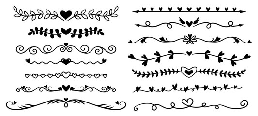 Vector illustration of heart text dividers clipart, decorative romantic borders and doodle heart cut file design