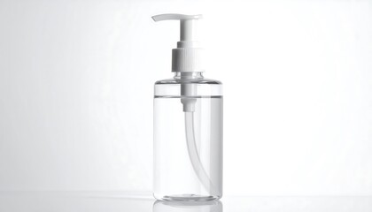 A transparent bottle filled with clear liquid and topped with a white pump dispenser against a bright background