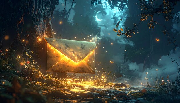 A luminous, magical envelope glows amongst lush forest foliage, bathed in moonlight and glittering light. A mystical scene