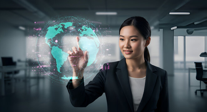 Asian businesswoman interacts with a holographic world map in a modern office setting showcasing technology and global business connections for presentations.