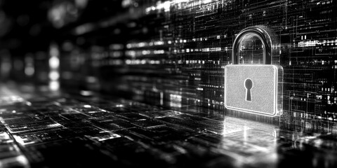 Digital security lock symbol glowing amidst a futuristic network background depicting data protection and cybersecurity
