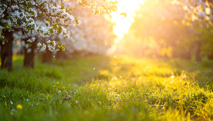 Sunlit orchard with rows of blossoming white trees, green grass path, and floating pollen in warm spring atmosphere.