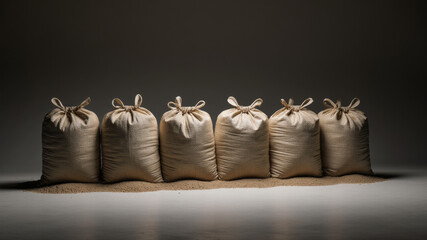 Sandbags stacked in rows on neutral background symbolizing battlefield defense barrier