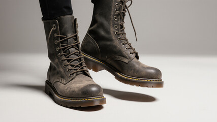 Worn combat boots standing upright on white background representing battlefield fatigue