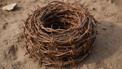 Rusty barbed wire roll lying on surface representing field defense structure in war zone